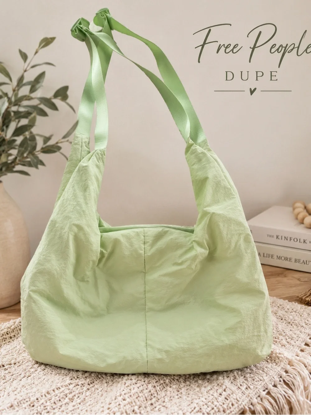 Pale Green Shoulder Hobo Bag with Ribbon Straps